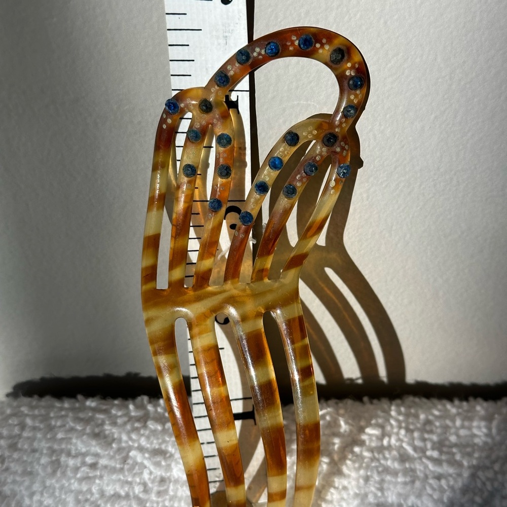 Antique Tortoise Shell Blue Rhinestone Hair Combs - Picture 12 of 13